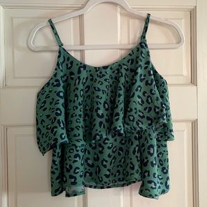 LMTD green leopard print two tier ruffle top XS